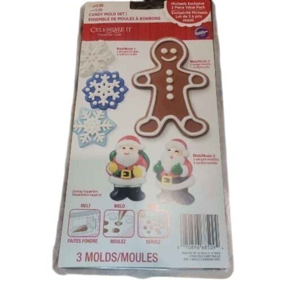 Wilton Christmas 3-Piece Candy Mold Set Snowflakes Gingerbread Men Santa Shapes